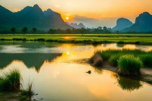 de zon sets over- een rivier- en bergen in China. ai-gegenereerd foto