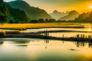 de zon stijgt over- een rivier- en bergen in Vietnam. ai-gegenereerd foto