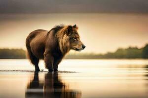 een leeuw staand in de water Bij zonsondergang. ai-gegenereerd foto