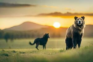 twee bears zijn staand in de gras Bij zonsondergang. ai-gegenereerd foto