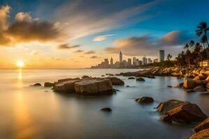 de stad horizon Bij zonsondergang in hong kong. ai-gegenereerd foto