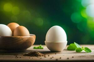 eieren in een kom en specerijen Aan een houten tafel. ai-gegenereerd foto