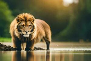 een leeuw wandelen aan de overkant een rivier- in de midden- van de dag. ai-gegenereerd foto