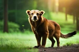een bruin hond staand in de midden- van een veld. ai-gegenereerd foto