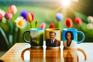 drie koffie mokken met afbeeldingen van president en eerste dame obama. ai-gegenereerd foto