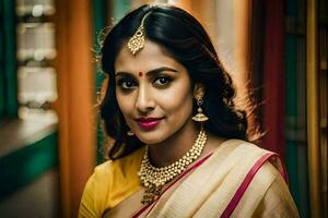 een mooi Indisch vrouw in een geel sari. ai-gegenereerd foto