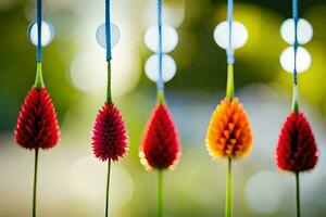 kleurrijk bloemen hangende van een snaar. ai-gegenereerd foto