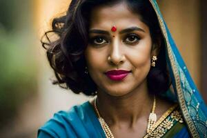 een vrouw in een sari met een rood lippenstift. ai-gegenereerd foto