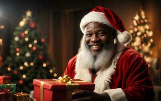 glimlachen Afrikaanse Amerikaans de kerstman claus met geschenk doos Aan vakantie achtergrond. vrolijk Kerstmis en gelukkig nieuw jaar. ai generatief foto