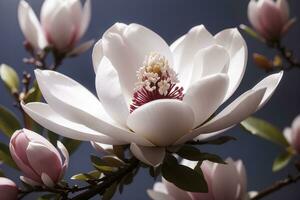 magnolia bloem Aan donker achtergrond, dichtbij omhoog. bloemen achtergrond. ai generatief foto