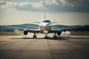 vliegtuig nemen uit van de luchthaven landingsbaan. concept van reizen. ai generatief foto