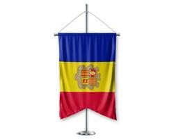 Andorra omhoog wimpels 3d vlaggen Aan pool staan ondersteuning voetstuk realistisch reeks en wit achtergrond. - beeld foto