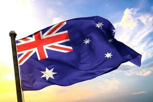 Australië 3d renderen vlag golvend geïsoleerd lucht en wolk achtergrond foto