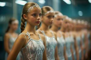 ballerina's sierlijk beoefenen hun ingewikkeld sneeuwvlok choreografie gedurende repetitie foto