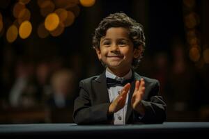 een getalenteerd kind acteur nemen een laatste boog uitlokken een staand ovatie van de publiek foto