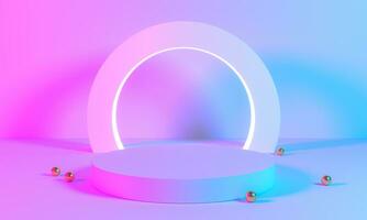 product staan blauw roze violet neon abstracte achtergrond, studio modern ultraviolet licht, kamer pastel interieur, gloeiend podium, prestatie podium decoraties, podium voor cirkel van licht. 3D-rendering foto