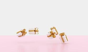 3D render afbeelding illustratie van witte geschenkdoos gouden lint voor viering op speciale dag. gelukkige vakantie decoratie verrassingskaart. concept geven verpakking liefde idee. bruiloft moderne luxe roze pastel. foto