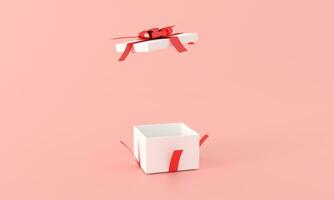 Open Kerstmis geschenk doos voor Product advertentie Aan rood of roze achtergrond, 3d renderen illustratie. vakantie banier, web poster, folder, elegant brochure, groet kaart, Kerstmis achtergrond foto