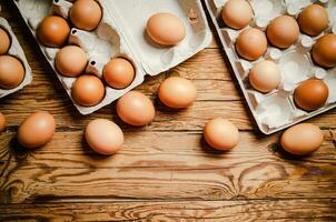 kip eieren Aan houten tafel. foto