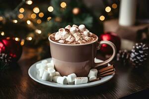 mok met heet chocola en heemst tegen Kerstmis lichten. generatief ai foto
