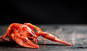 een rood gekookt rivierkreeft Aan de tafel. foto