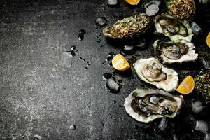 oesters met stukken van ijs en citroen. foto