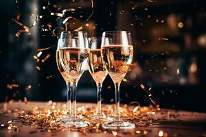 bril van Champagne met confetti, schitteren, serpentijn en lichten foto