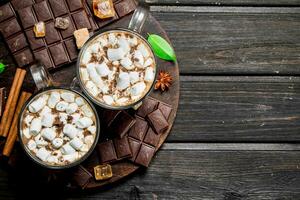 heet chocola in mokken met marshmallows en geurig kaneel. foto