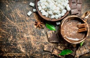 kop van heet chocola met kaneel stokjes en marshmallows. foto