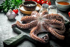 Octopus Aan een snijdend bord met specerijen en tomaten. foto