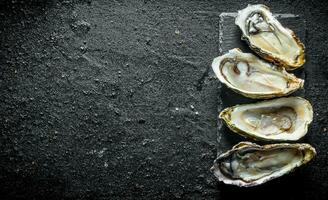 geopend vers oesters Aan een steen stellage. foto