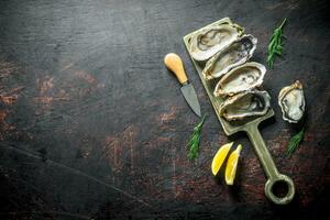 vers oesters Aan een snijdend bord met plakjes van citroen. foto