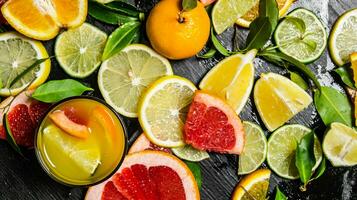 de sap van citrus fruit - pompelmoes, oranje, mandarijn, citroen, limoen in de glas. foto