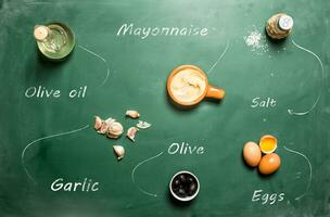 ingrediënten voor maken mayonaise met inscripties. foto