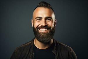 stralend studio portret van een tevreden Mens met een baard, presentatie van zijn gloeiend huid terwijl stralend met geluk. ai generatief foto