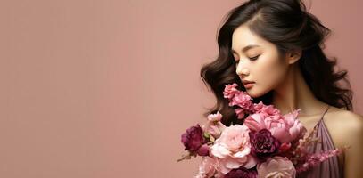 jong Aziatisch vrouw met bloemen Aan roze kopiëren ruimte. ai gegenereerd foto