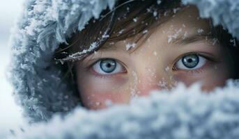 detailopname portret van een weinig jongen in de sneeuw. ai gegenereerd foto
