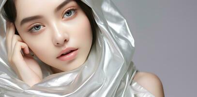 een jong Aziatisch vrouw model- vervelend zilver kleding. ai gegenereerd foto