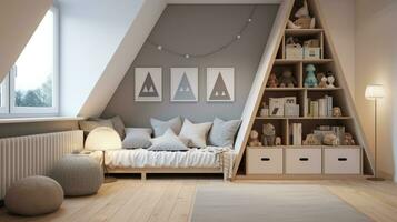 elegant samenstelling van knus Scandinavisch kind kamer interieur met speelgoed foto