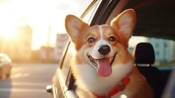 grappig gelukkig hond corgi zit vast zijn gezicht uit de venster van de auto foto