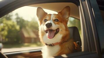 grappig gelukkig hond corgi zit vast zijn gezicht uit de venster van de auto foto