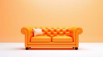 modern oranje sofa Aan poten Aan oranje achtergrond. vlak leggen voorkant visie. foto