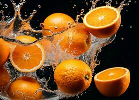 oranje fruit vallend in de water spatten ai generatief foto