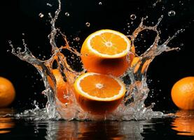 oranje fruit vallend in de water spatten ai generatief foto