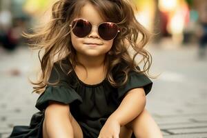 modieus weinig glamoureus meisje in zwart zomer jurk en zonnebril zittend buiten.generatief ai foto