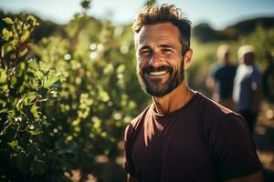 portret, glimlachen Mens boer Aan de achtergrond van natuur.generatief ai foto