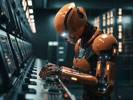 een robot in een oranje pak is werken Aan een computer ai generatief foto