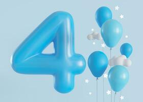 glanzend aantal vier Aan blauw achtergrond met ballonnen. 4 jaren oud. vierde verjaardag viering. jongens feest. baby jongen viert. speciaal evenement. groeten kaart. 3d veroorzaken. foto