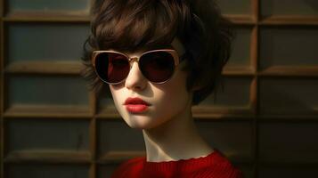 een elegant mannequin vervelend zonnebril en een levendig rood trui ai gegenereerd foto