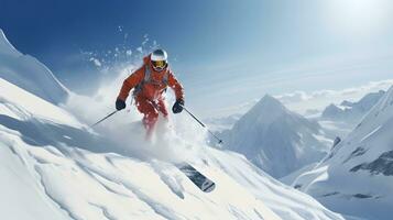 een skiër in een oranje jasje is skiën in de helder zon en blauw lucht. ai gegenereerd foto